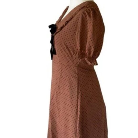 NWOT Blu Pepper POLKA DOT COLLARED VELVET TIE MINI BABYDOLL DRESS RUST BROWN - Picture 4 of 9